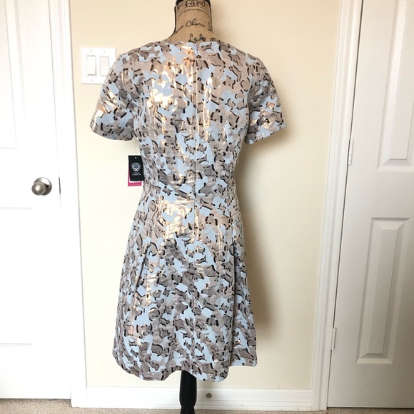 Vince Camuto Jacquard Fit Flare Blue Gold Dress - Picture 2 of 8